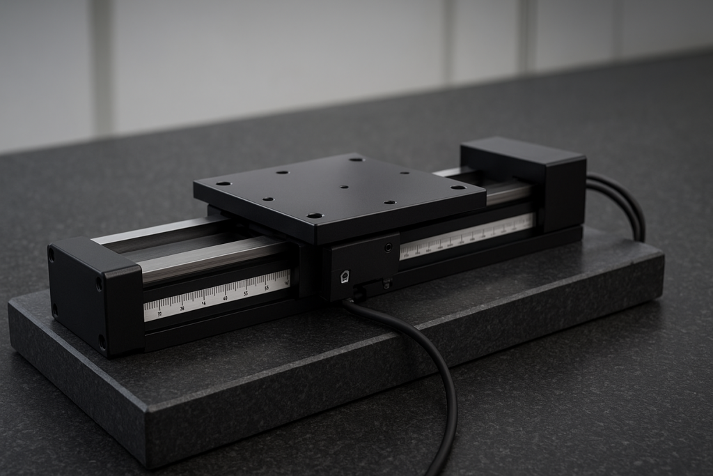 精密線性馬達定位平台特寫 Close-up of precision linear motor stage