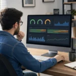 網站管理者在桌面電腦前檢視 WordPress 效能分析圖表