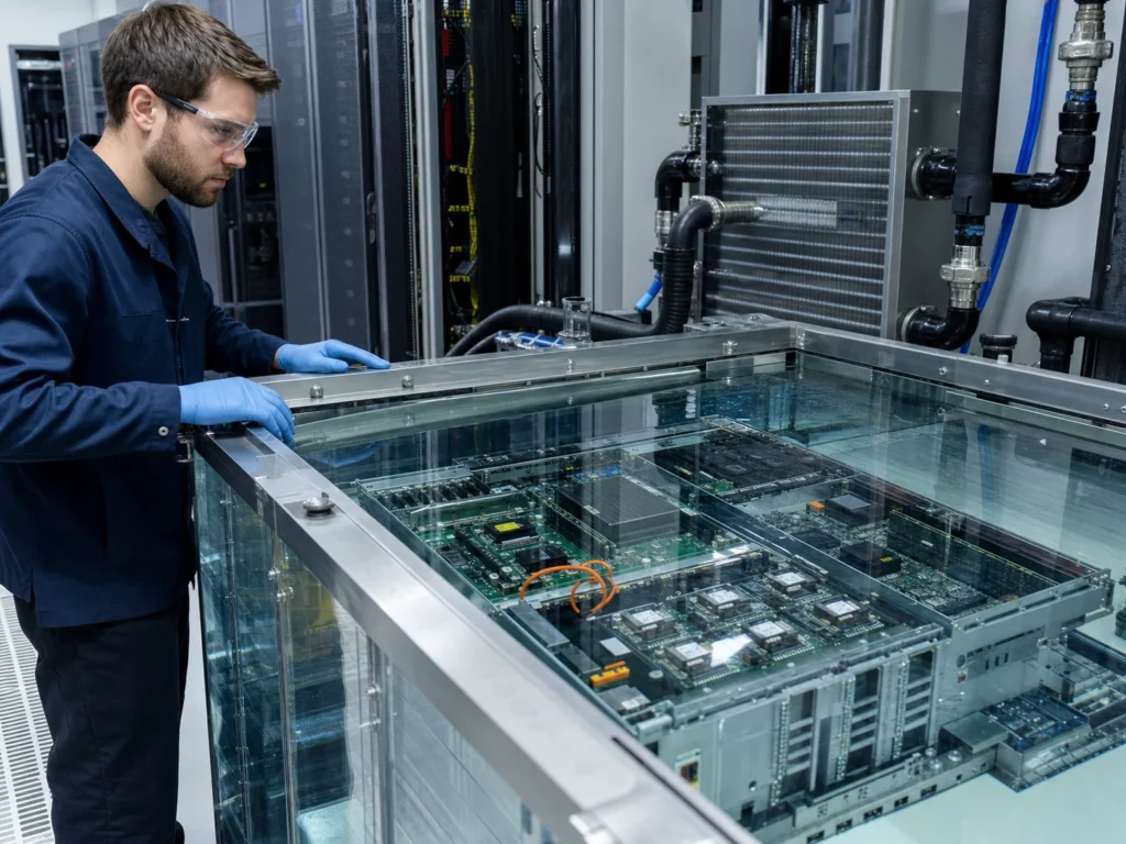 資料中心工程師檢查透明浸沒式冷卻槽中的伺服器板卡與液體循環管路