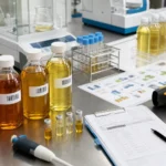 食品檢驗室桌面上擺放食用油樣品、玻璃試管與供應鏈文件,用來呈現問題油檢驗與追溯流程