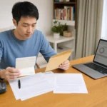 民眾在家中書桌核對報稅資料、銀行存摺與退稅通知信封