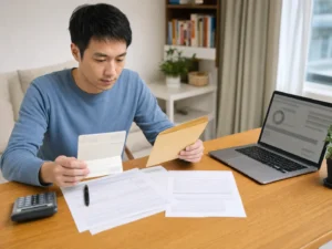 民眾在家中書桌核對報稅資料、銀行存摺與退稅通知信封