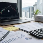 金融辦公桌上的筆電顯示暫停中的股價圖,旁邊有財務文件、計算機與檢查清單,呈現上市櫃公司暫停交易與重大訊息查核情境