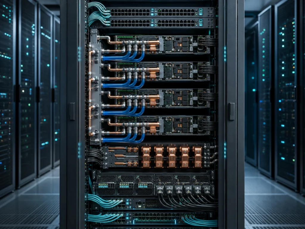AI伺服器機櫃、GPU運算板、液冷管路與高速網路交換器組成的資料中心示意圖