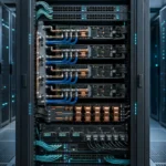 AI伺服器機櫃、GPU運算板、液冷管路與高速網路交換器組成的資料中心示意圖