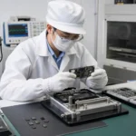 工程師在電子實驗室檢查手機主機板、記憶體晶片樣品與測試設備,呈現 DRAM 供應商認證