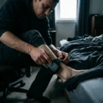 昏暗室內一名戴著電子腳鐐的人坐在床邊,正試圖用雙手拉扯並拆除腳踝上的黑色監控腳環