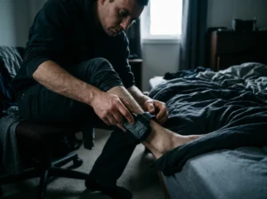 昏暗室內一名戴著電子腳鐐的人坐在床邊,正試圖用雙手拉扯並拆除腳踝上的黑色監控腳環