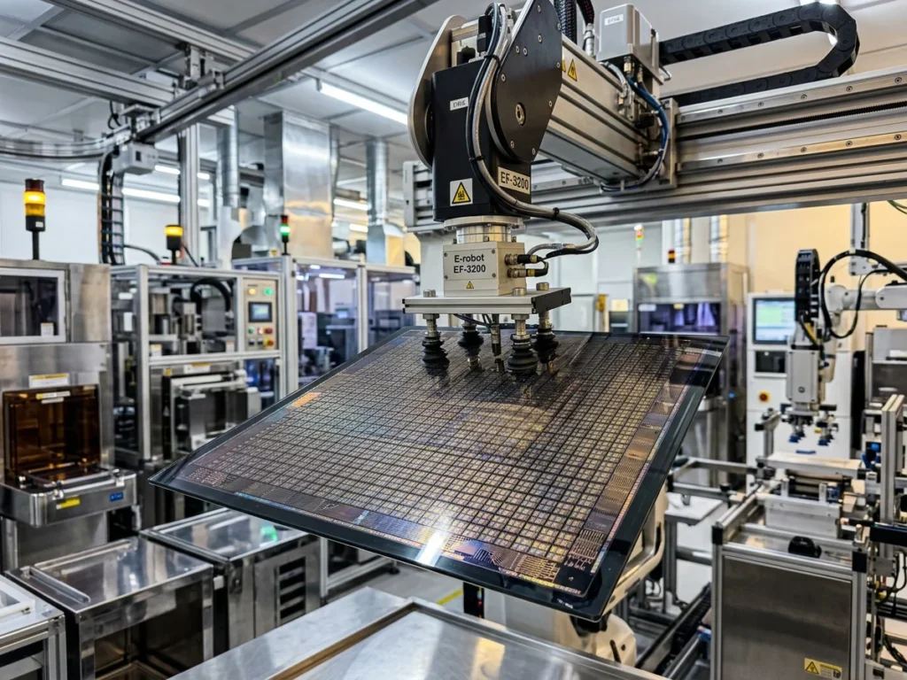 先進半導體面板級扇出型封裝大型矩形基板與微型晶片重布線層製程特寫