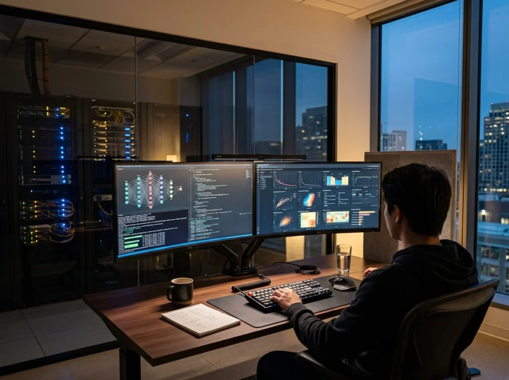 軟體工程師在多螢幕開發工作站前檢視終端機上的開源模型架構與推論部署管線