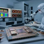 工程實驗室中進行高密度晶片封裝、SerDes 眼圖量測與 AI 加速器模組測試的寫實場景