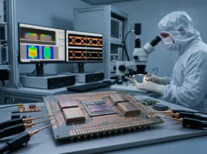 工程實驗室中進行高密度晶片封裝、SerDes 眼圖量測與 AI 加速器模組測試的寫實場景