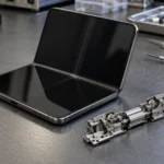 半開的無品牌折疊手機內螢幕與中央折線特寫,旁邊擺放拆出的微型金屬鉸鏈