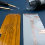 電子實驗室工作台上高頻軟性電路板特寫,對比呈現金黃色 LCP 基板與乳白色 PTFE 複合基板微帶線結構